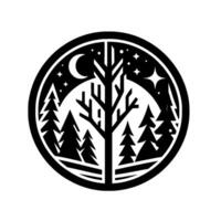 Stylized Black and White Circular Illustration of Forest Scene with Bare Tree, Pines, Crescent Moon, Stars, and Night Sky. vector