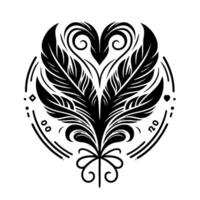 A stylized monochrome illustration of a central featherlike emblem, framed by a circular border with decorative elements, resembling a heart at the top. vector