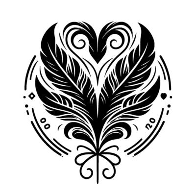 A stylized monochrome illustration of a central featherlike emblem, framed by a circular border with decorative elements, resembling a heart at the top.