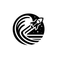 Black and White Minimalist Rocket Launching from Earth into Space with Stylized Waves in a Circular Emblem. vector