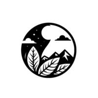 A minimalist black and white circular featuring a mountain range under a starry night sky, with three stylized leaves in the foreground. vector