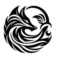 Black and White Circular Emblem featuring a Stylized Wolfs Head Embraced by Flowing Lines and Geometric Shapes. vector