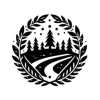 Black and White Forest Road in Laurel Wreath, Symbolizing Adventure and Natures Serenity. vector