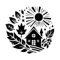 Serene Black and White Illustration Cozy Home, Sun, Autumn Leaves, and Raindrops in a Circular Composition. vector