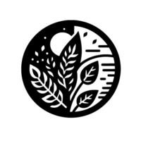 Stylized Black and White Circular of Foliage, Leaves, and a Sunburst in an Artistic Composition vector