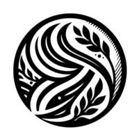 A symmetrical black and white circular featuring stylized leaves, swirling lines, and a minimalist aesthetic. vector