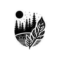 Black and white minimalist of a moonlit forest, trees, leaves, and a lake, in an oval composition with dot stars. vector