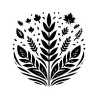 Symmetrical, Black and White Floral Illustration Featuring Various Leaf and Plant Forms Arranged in a Circular Composition on White Background. vector