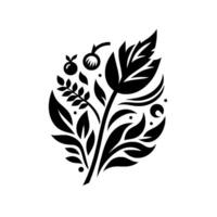 Elegant Black and White Botanical Composition Stylized Flora with Leaves, Berries, and Twigs in a Symmetrical on White Background. vector