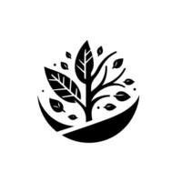 Minimalist Black and White Tree Featuring Leaves, Trunk, and Branches within a Crescent Shape, Representing Growth and Nature. vector
