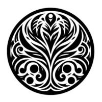 Circular black and white ornate floral , a symmetrical pattern of stylized leaves, swirls, and circular elements, bordered within a circle. vector