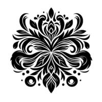 Symmetrical Black and White Floral Ornament with Leaves, Swirls, Dots, and a Decorative Pattern for a Digital vector