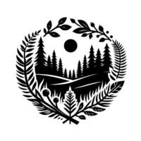 Black and white nature scene, stylized landscape of a forest, fields, and sun, enclosed within a botanical wreath. vector