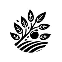 Stylized black and white illustration of a fruitbearing tree with leaves and a single piece of fruit, above a stylized field, in a simple and elegant style. vector