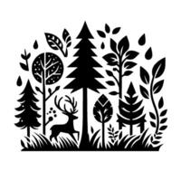 Silhouetted Forest Scene with Deer A Black and White Stylized Illustration of Trees, Plants, and Rainfall. vector