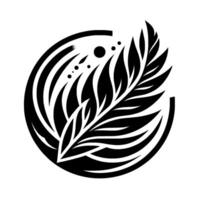 Abstract black and white , featuring a featherlike structure partially enclosed within a circular frame, evoking a minimalist, modern aesthetic. vector