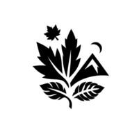 A minimalist, black and white showcasing natures elements a maple leaf, mountain silhouette, and a crescent moon on a crisp white background. vector