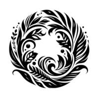 Intricate black and white floral mandala , showcasing stylized leaves and delicate swirling elements, creating a symmetrical and elegant composition on a white background. vector