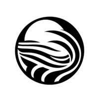 Minimalist Black and White of stylized ocean waves and a horizon within a circle, resembling a stylized sunrise or sunset . vector