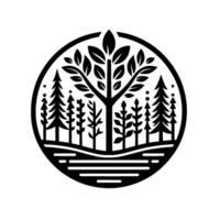 Black and White Illustration of a Forest Scene Enclosed in a Circle, Featuring a Large Tree with Surrounding Pines and Vegetation. vector