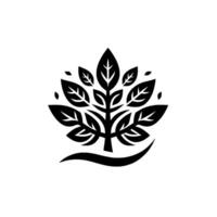 Stylized, minimalist tree emblem in black, featuring a full canopy of symmetrical leaves with slight variations, set on a curved base on white background. vector