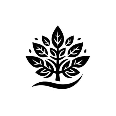 Stylized, minimalist tree emblem in black, featuring a full canopy of symmetrical leaves with slight variations, set on a curved base on white background.