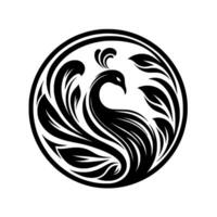 Elegant black and white circular emblem featuring a stylized peacock surrounded by ornate, flowing leaflike forms, showcasing graceful lines. vector