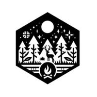 Stylized black and white hexagonal illustration featuring a deer in a forest under a starry night sky, with a campfire at the bottom. vector