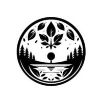 Circular Black and White Nature Forest, Lake, and Leaves Within a Frame, Minimalist Symbolic . vector