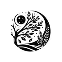 A black and white circular nature illustration with a tree, moon, and wheat, representing a serene night scene. vector