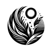 Black and white circular minimalist illustration featuring stylized leaves, a dotted moon, and decorative dot elements. vector