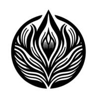 Intricate black and white floral illustration within a circular frame, showcasing a stylized lotuslike , with a sharp, symmetrical composition. vector