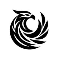 A bold, minimalist depicting a stylized eagle in a circular formation, rendered in stark black against a pristine white background. vector