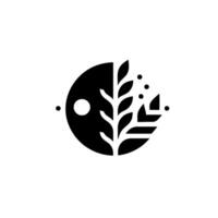 Abstract minimalist , featuring a split circle with plant and dot elements, symbolizing harmony in black and white. vector
