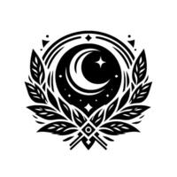 Crescent moon and star encircled by an ornate foliage wreath, rendered in a stark black and white, minimalist style. vector
