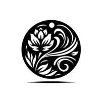 Intricate Black and White Circular Floral with Lotus Bloom, Leafy Vines, and a Subtle Lunar Accent. vector
