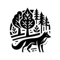 Black and white minimalist circular illustration of a fox in a stylized forest scene with trees and foliage. vector