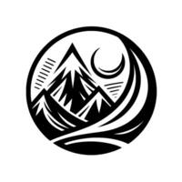 A minimalist black and white emblem features mountains, a sun, and stylized elements within a circular frame, evoking nature and adventure. vector
