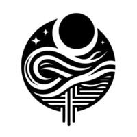 Black and White Minimalist Depicting Celestial Scene within a Circle Moon, Stars, Wavy Elements, and Abstract Geometric Landscape. vector