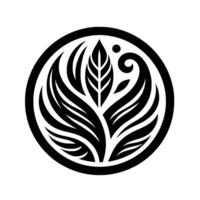 Monochromatic circular featuring stylized plant elements a central leaf motif with intricate featherlike fronds, within a clean, minimalist aesthetic. vector