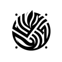 Black and white minimalist featuring a stylized leaf within a circular, striped form, surrounded by four black dots. vector