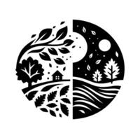 Yin Yang Landscape A stylized black and white illustration of daynight scenery, with a house, trees, leaves, and rolling hills in a circular split . vector