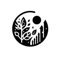 A minimalist circular , depicting a stylized tree with leaves, a sun, and upward arrows, representing growth and nature, in solid black on white. vector