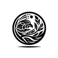 A striking, minimalist circular emblem featuring a stylized eagle head and foliage in black against a clean white background, creating a bold . vector