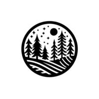 A stylized monochrome circular featuring a silhouetted forest scene under a starry night sky with a full moon and rolling hills. vector