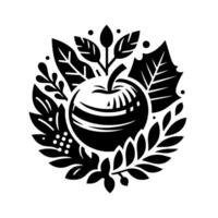 Stylized Black and White Apple surrounded by Foliage, Elegant Circular Composition, Isolated on White. vector