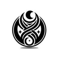 Intricate black and white circular featuring interwoven lines, crescent moons, and fourpointed stars, creating a celestial, symmetrical emblem. vector