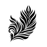 Elegant Black and White Feather with Intricate Swirls and Leaflike Details on a Clean White Backdrop. vector