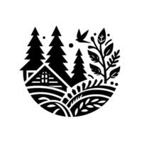 Black White Silhouette Cabin, Forest, Bird, and Foliage Within a Circle, Symbolizing Nature and Tranquility vector