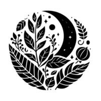 Celestial botanical illustration featuring crescent moon, leaves, and stars, rendered in a minimalistic black and white style, creating a harmonious and symbolic composition. vector